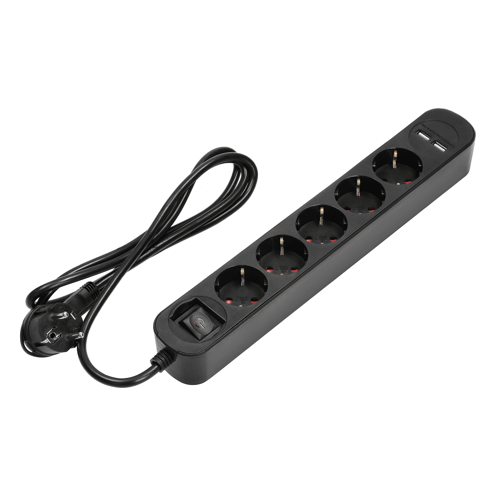 Stekkerdoos – Extra smal – 5-voudig – 2x USB  – Zwart